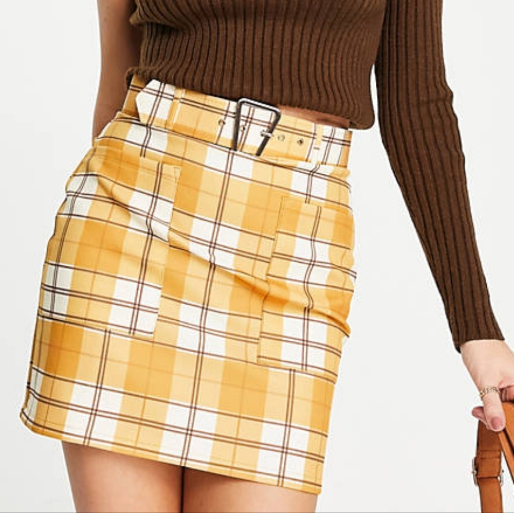 ASOS mustard yellow white plaid mini skirt belted 4P petite